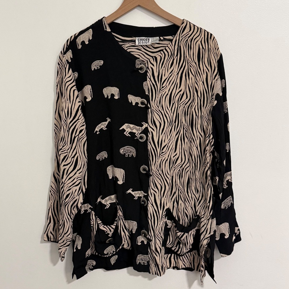 Vintage Chicos Safari Jacket Women 2 Black Beige Zebra Animal Print Artsy